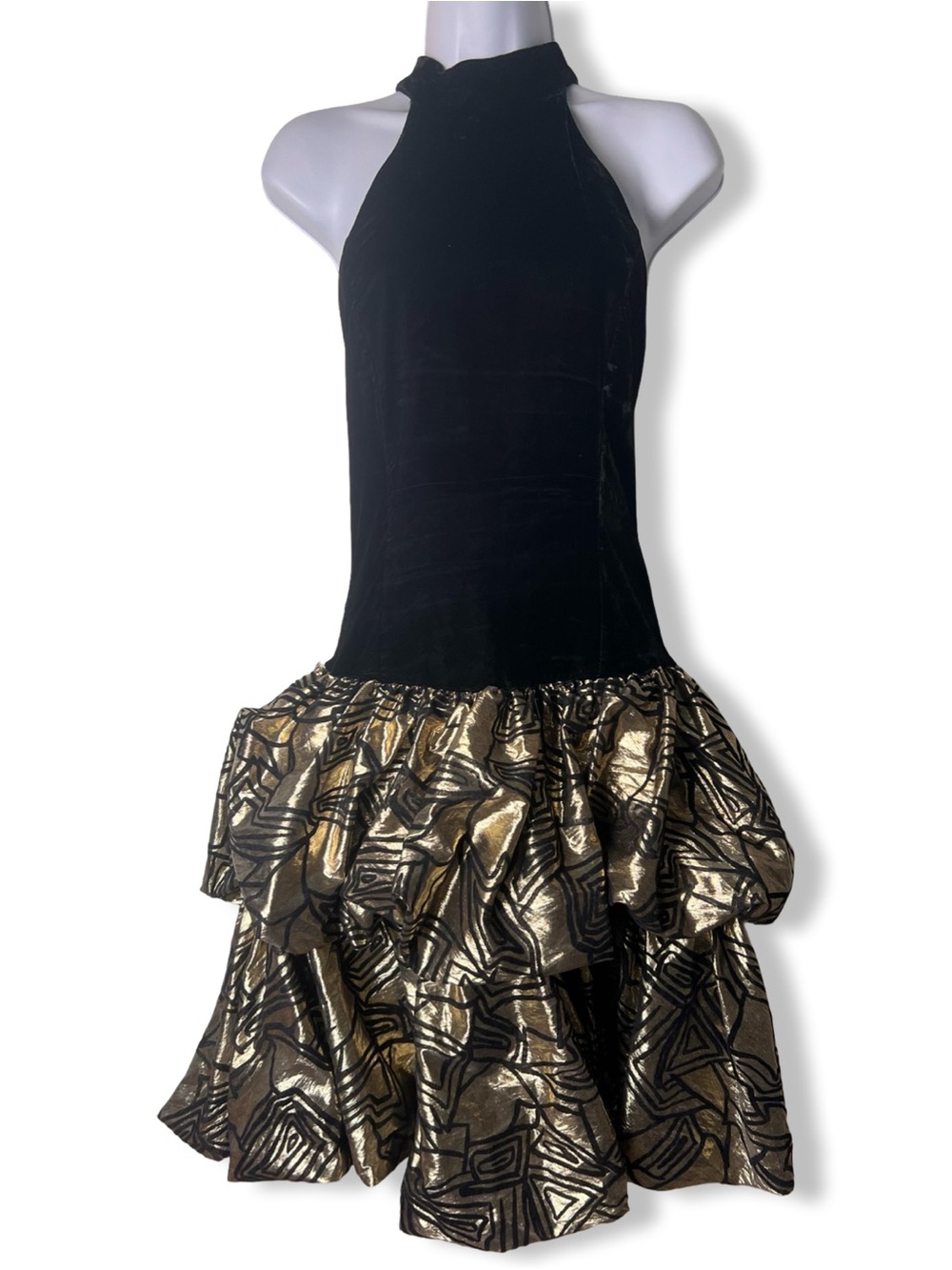 VTG Positively Ellyn 80s Halter Bubble Skirt Dress Black Velvet Gold Lame Sz S/M